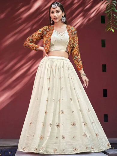 Enchanting Beige Sequinced Chiffon Wedding Lehenga Choli with Jacket